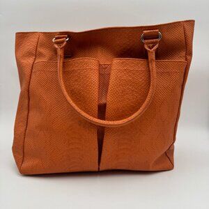 Neiman Marcus Tote Bag Womens Orange Textured Snakeskin Large Shoulder Carry